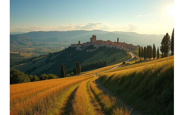 Olasz vidéki táj reneszánsz városokkal a háttérben